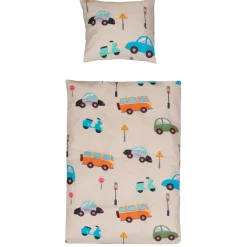 Sengetøj med biler - 100% bomuld - Baby sengetøj 70x100 cm - Biler, lyssignaler og skilte