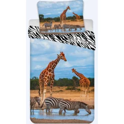 Sengetøj med dyr - 100% bomuld - Børnesengetøj 140x200 cm - Giraffer og zebraer på savannen