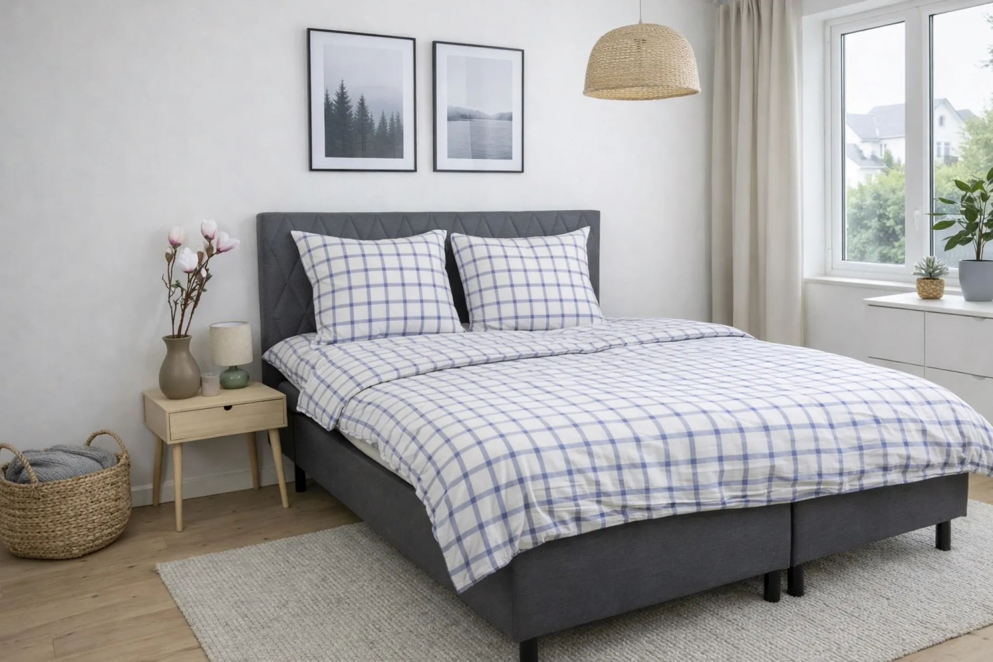 Sengetøj 140x220 cm - Bæk og Bølge - 100% bomulds krep - Blå tern