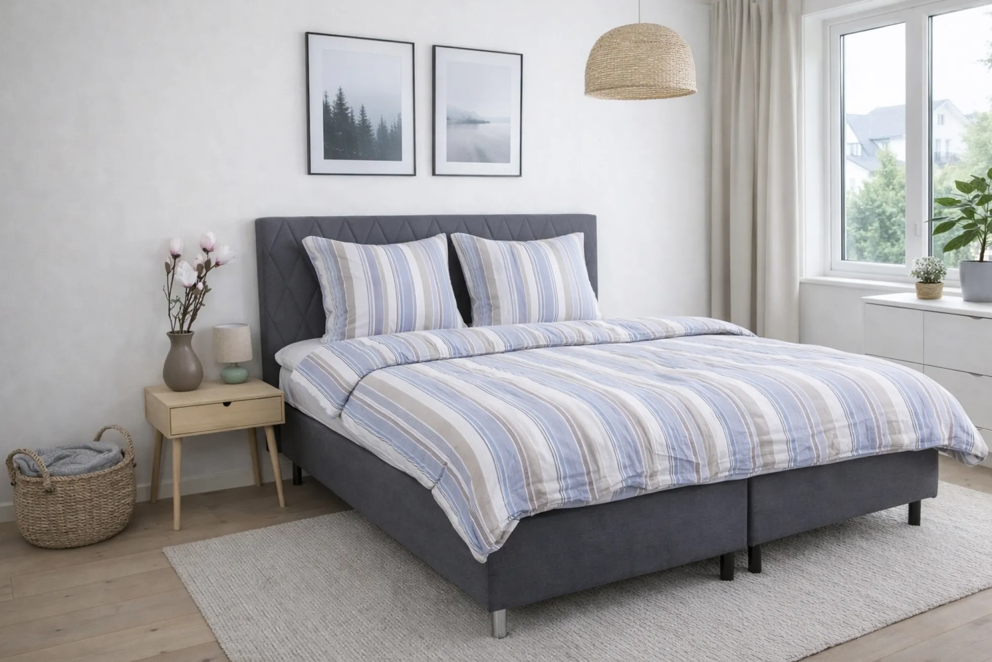 Sengetøj 140x220 cm - Bæk og Bølge - 100% bomulds krep - Blå striber