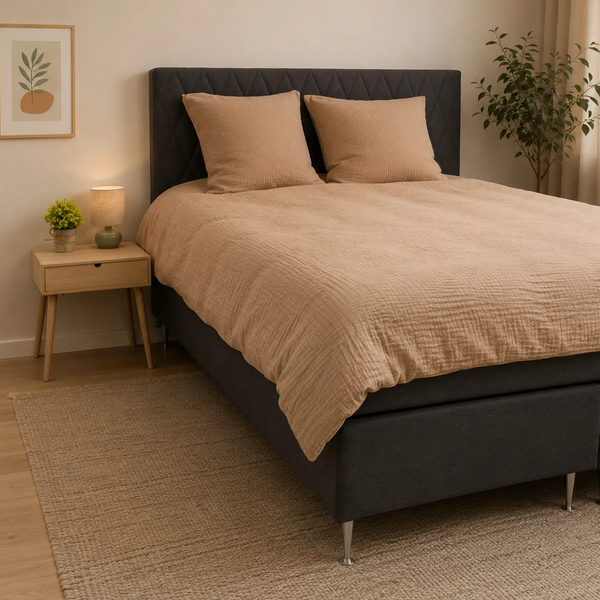 Sengetøj 140x200 cm - Bæk og bølge - Microfiber - Sandfarvet seer sucker