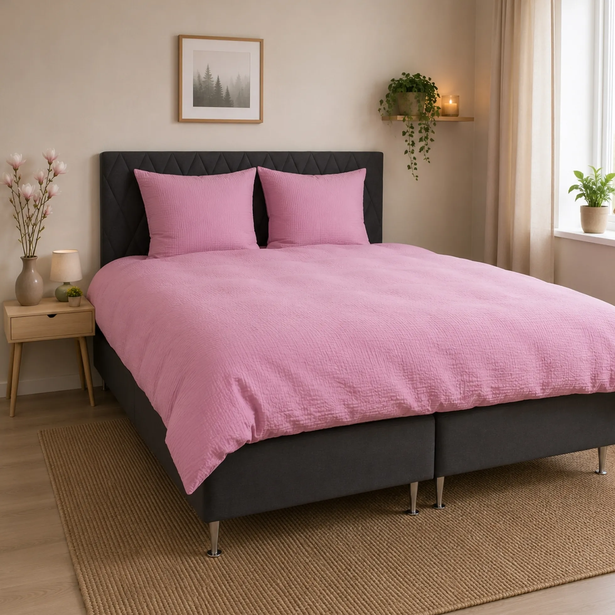 Sengetøj 140x200 cm - Bæk og bølge - Microfiber - Rosa seer sucker