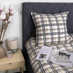 Sengetøj 150x210 cm - Bomulds flonel - Beige med blå tern