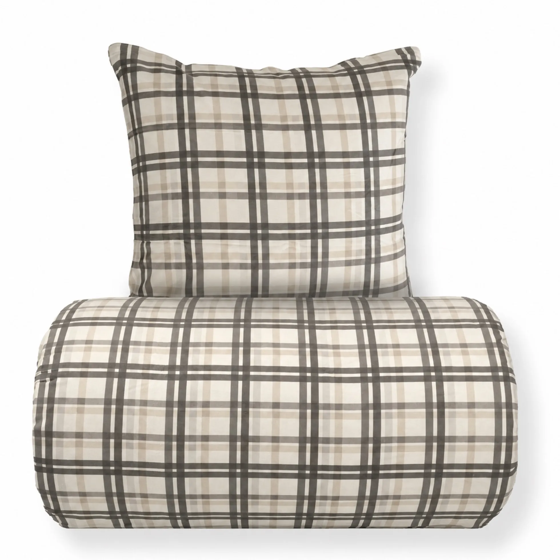Sengetøj 150x210 cm - Bomulds flonel - Beige med blå tern