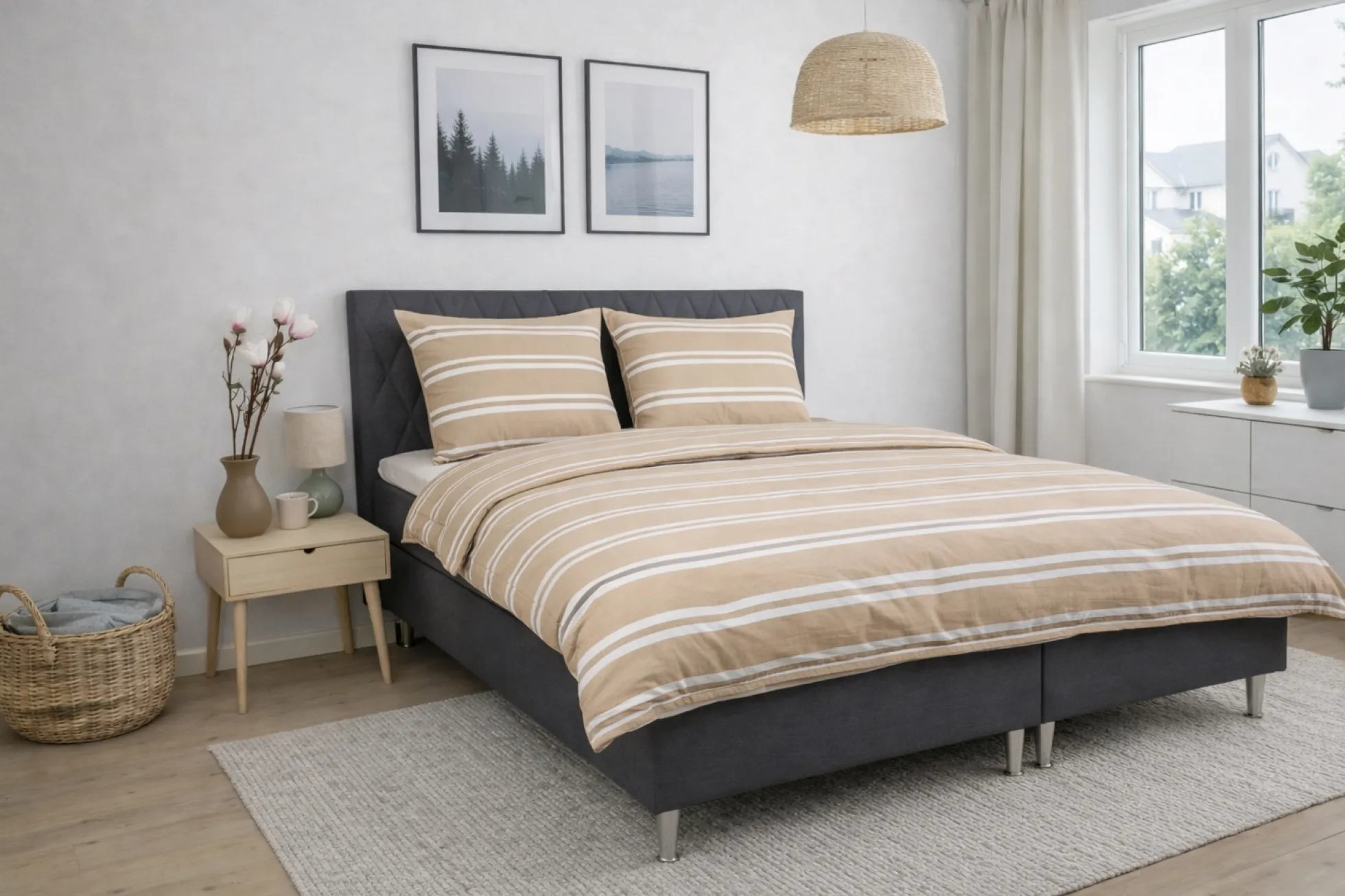 Sengetøj 140x220 cm - Bomulds flonel - Beige med striber