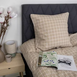 Sengetøj 140x220 cm - Bomulds flonel - Beige med hvide tern