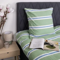 Sengetøj 140x220 cm - Bomulds flonel - Grøn med striber