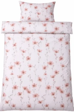 Sengetøj 140x220 cm - Bomulds flonel - Hvid med rosa blomster