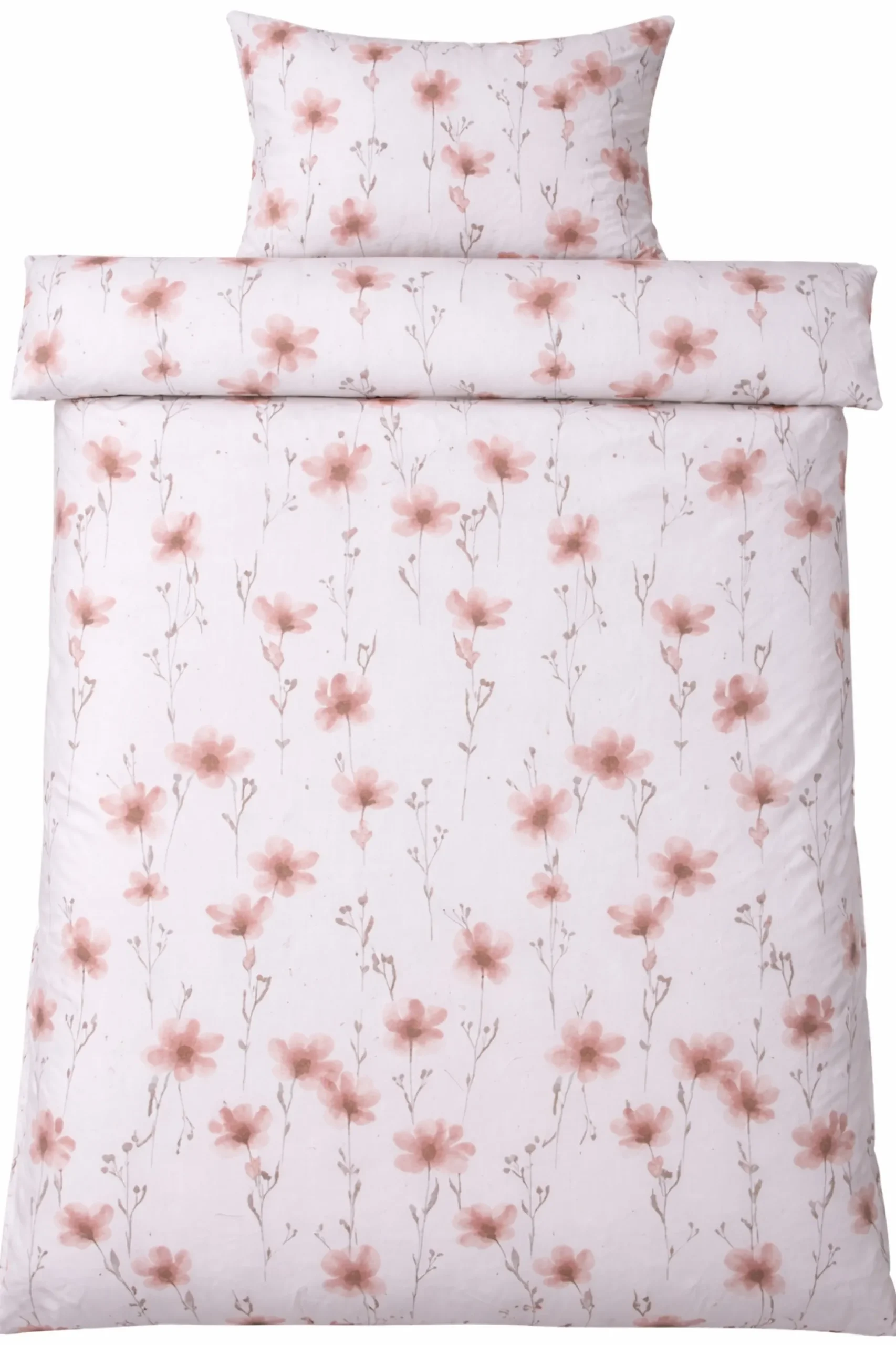 Sengetøj 140x220 cm - Bomulds flonel - Hvid med rosa blomster