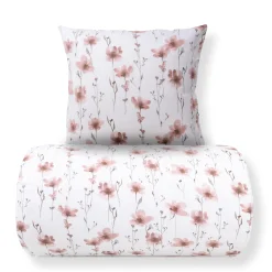 Sengetøj 140x220 cm - Bomulds flonel - Hvid med rosa blomster