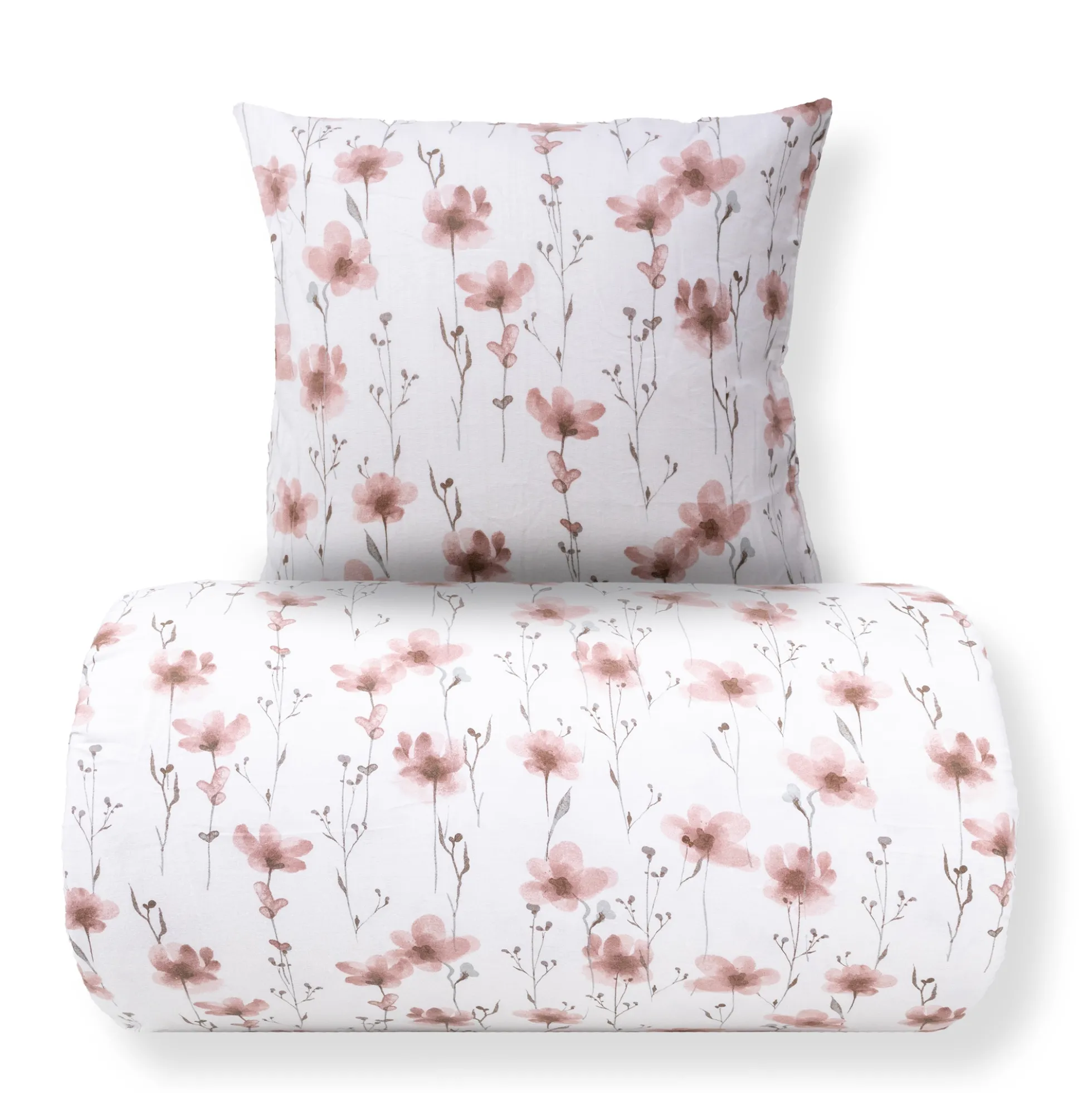 Sengetøj 140x220 cm - Bomulds flonel - Hvid med rosa blomster