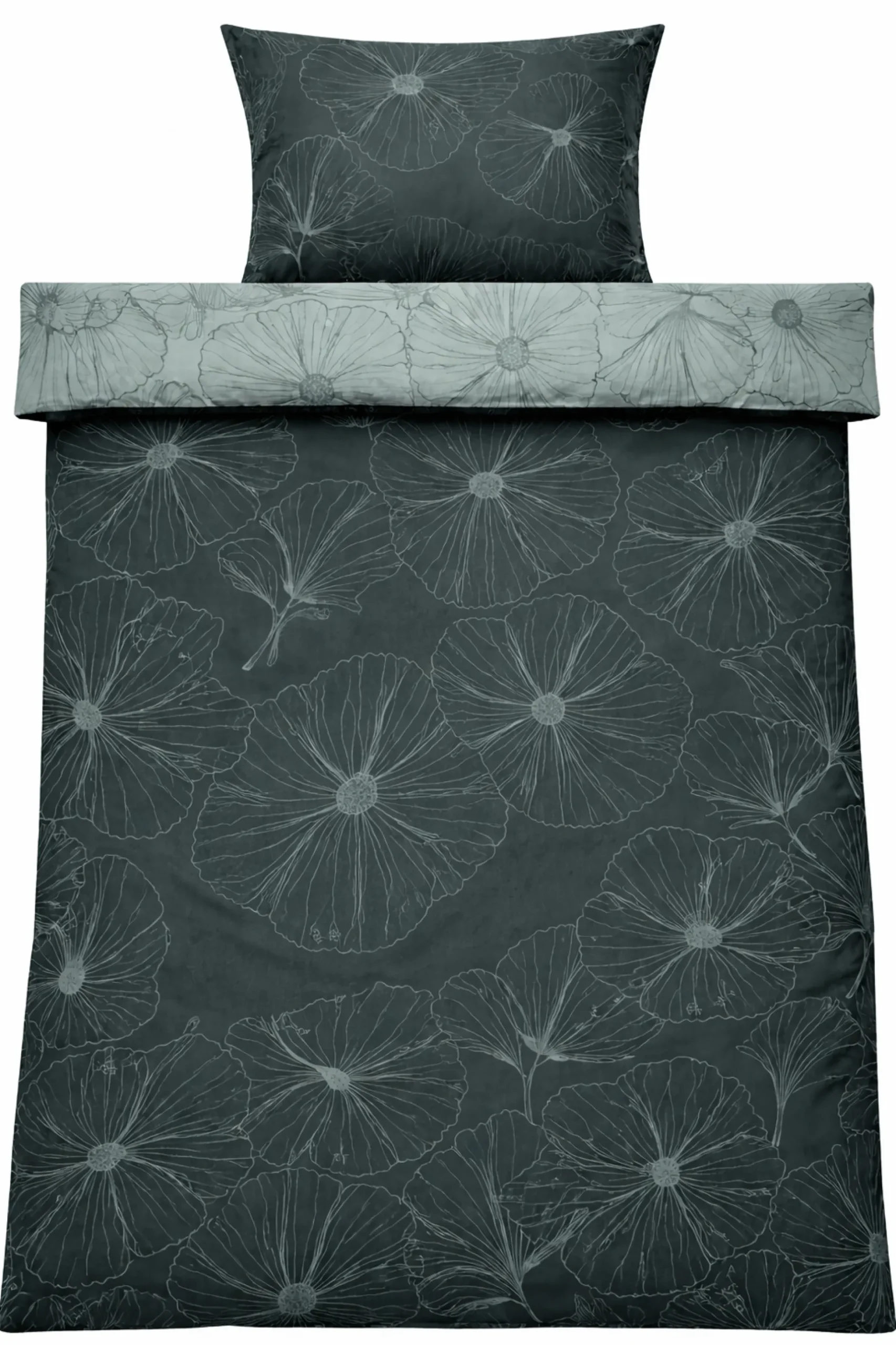 Sengetøj 140x200 cm - Bomuldssatin - Big Flower green - Vendbart blomster print