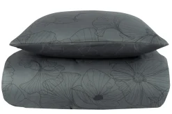 Sengetøj 150x210 cm - Bomuldssatin - Big Flower grey - Vendbart blomster print