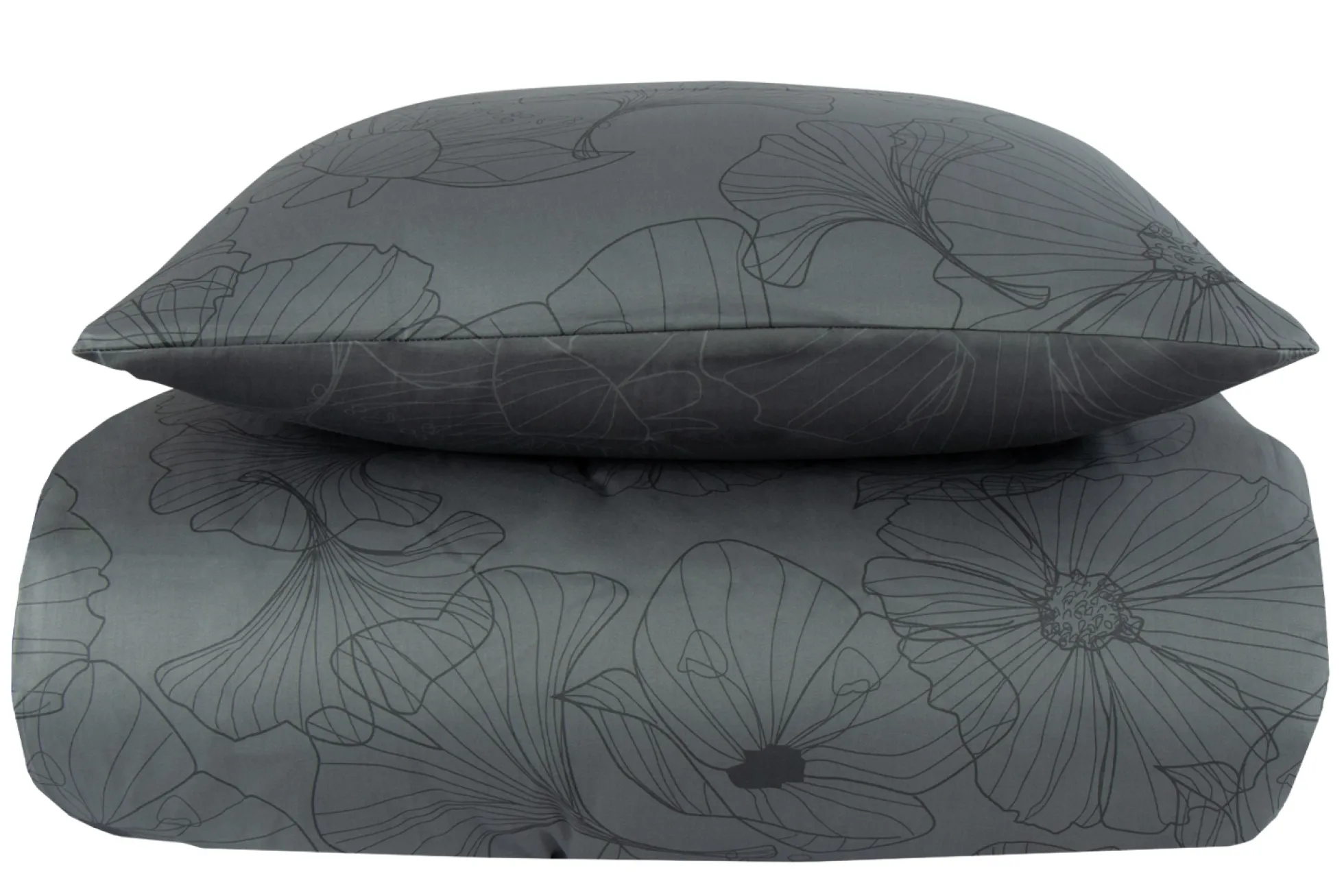 Sengetøj 150x210 cm - Bomuldssatin - Big Flower grey - Vendbart blomster print