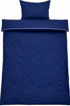 Sengetøj 140x220 cm - 100% bomuldssatin - Blå med hvid pipingkant