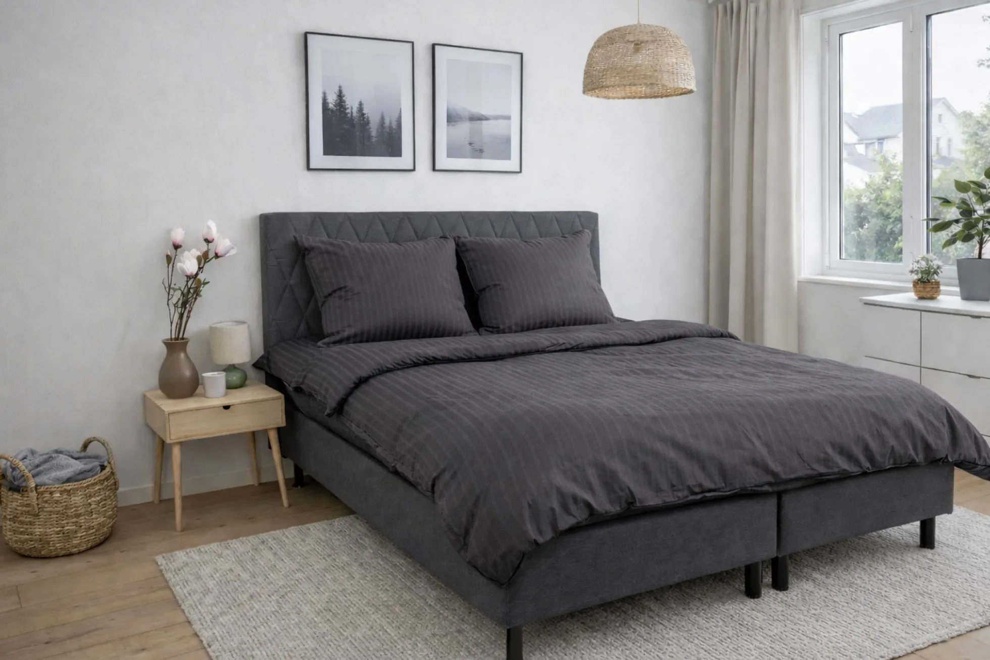 Sengetøj 140x200 cm - 100% bomuldssatin - Klassisk mørkegrå striber