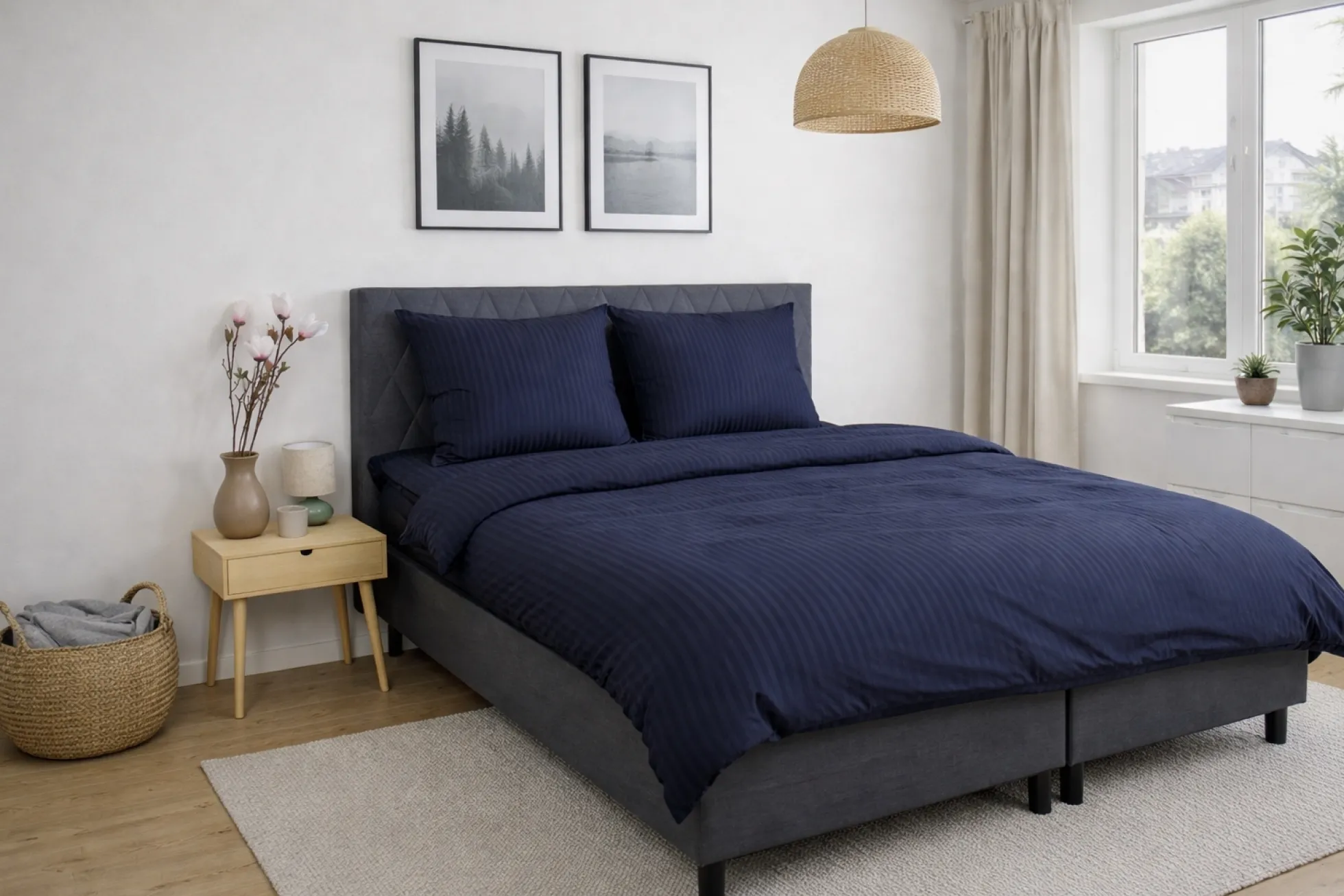 Sengetøj 150x210 cm - 100% bomuldssatin - Klassisk mørkeblå striber