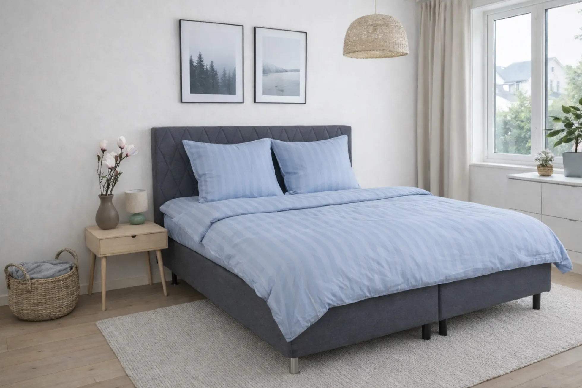 Sengetøj 150x210 cm - 100% bomuldssatin - Klassisk lyseblå striber