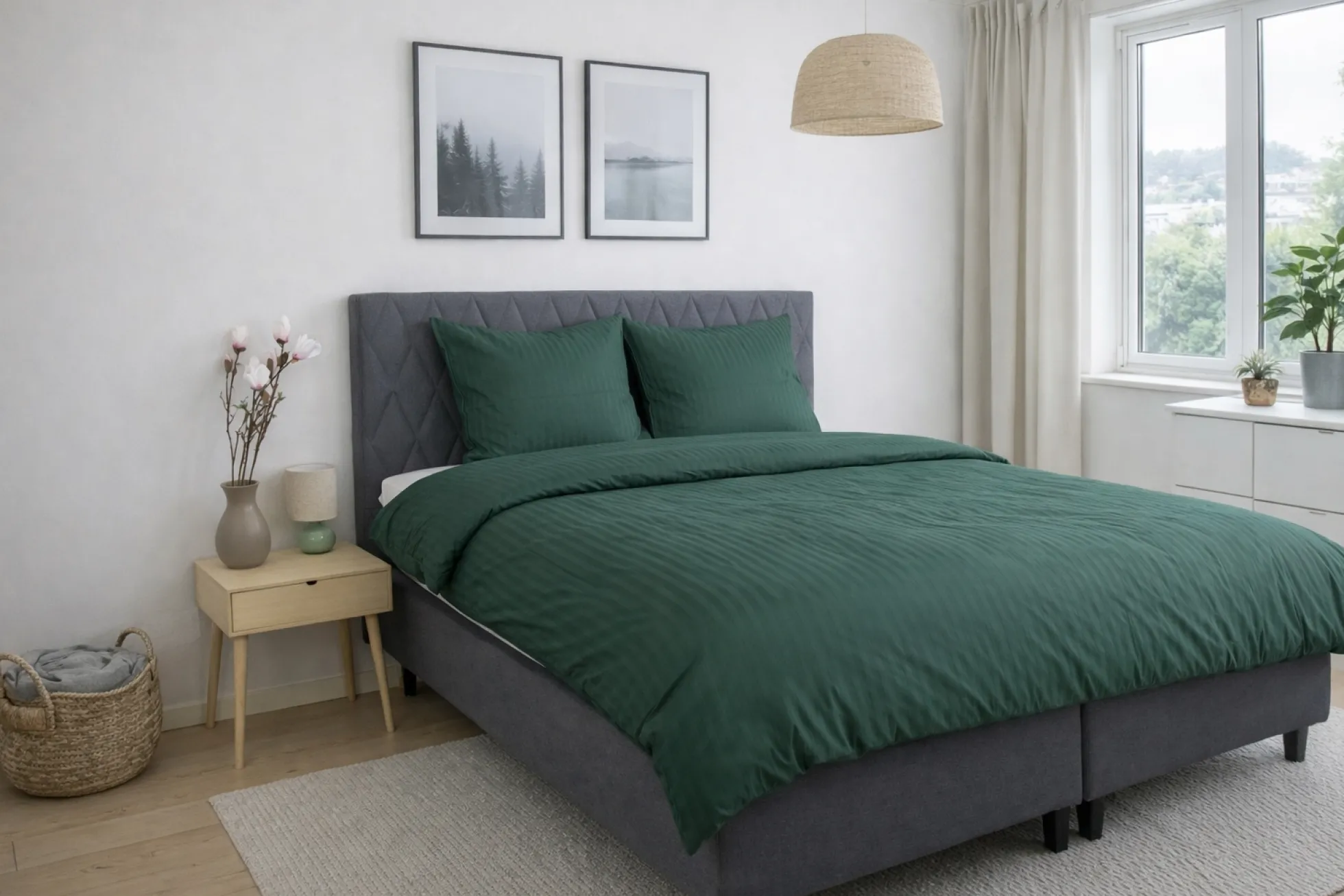 Sengetøj 150x210 cm - 100% bomuldssatin - Klassisk grønne striber