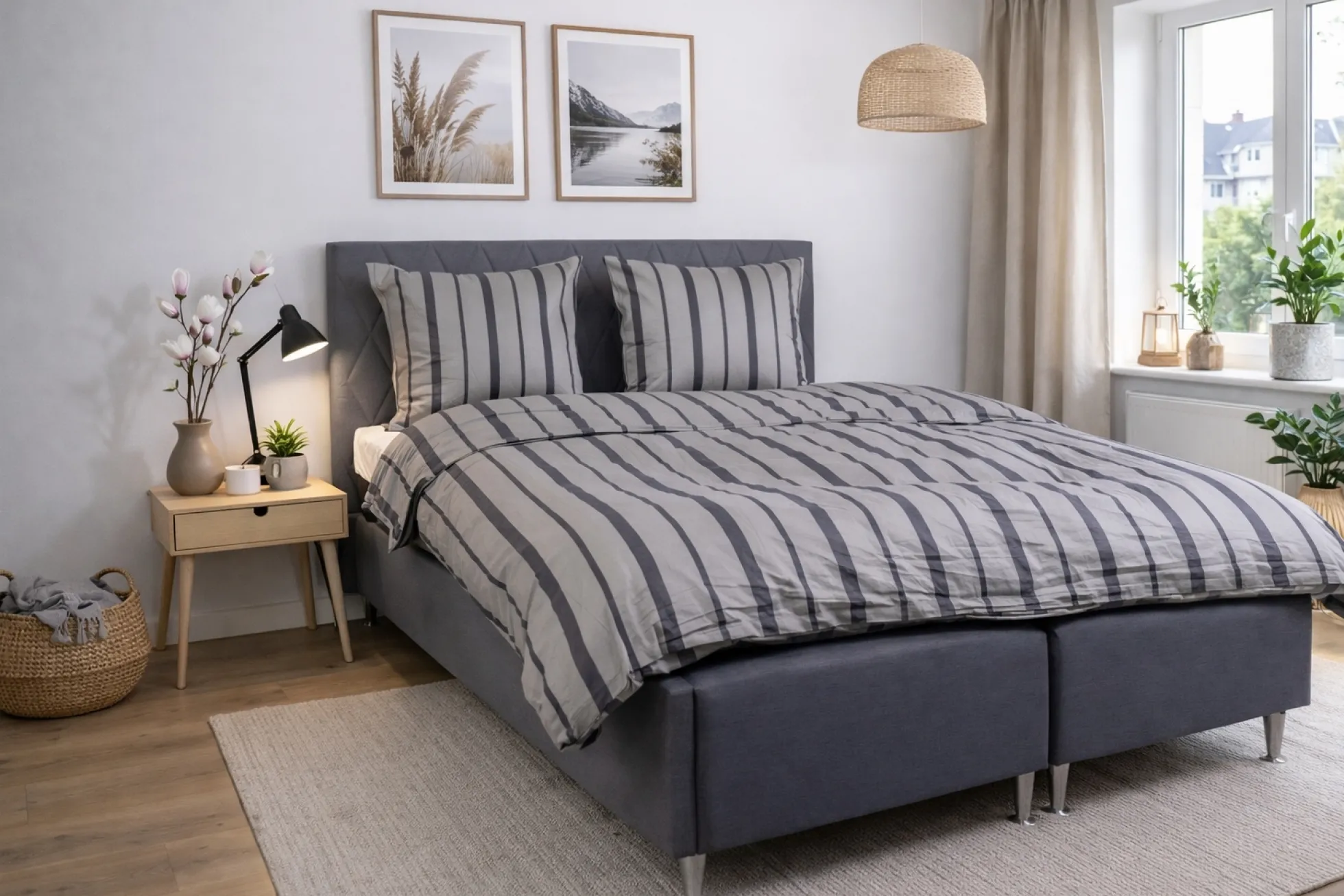Sengetøj 140x220 cm - 100% bomuldssatin - Lana - Grå og sorte striber