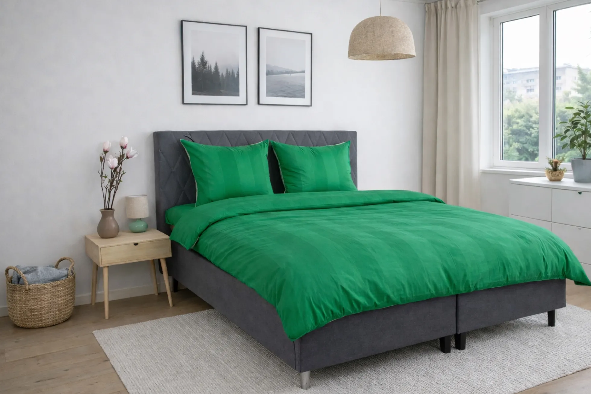 Sengetøj 140x220 cm - 100% bomuldssatin - Lone - Grønne jacquardvævet striber