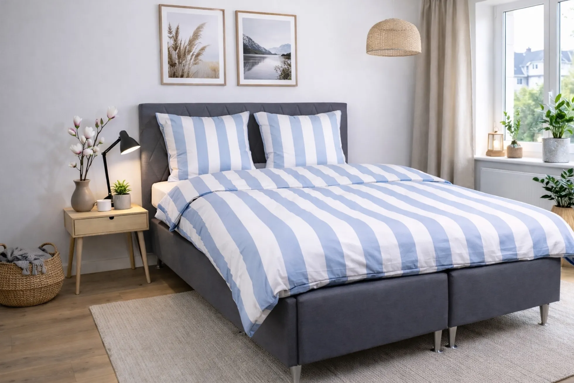 Sengetøj 140x200 cm - 100% bomuldssatin - Nordic Stripe - Brede lyseblå striber