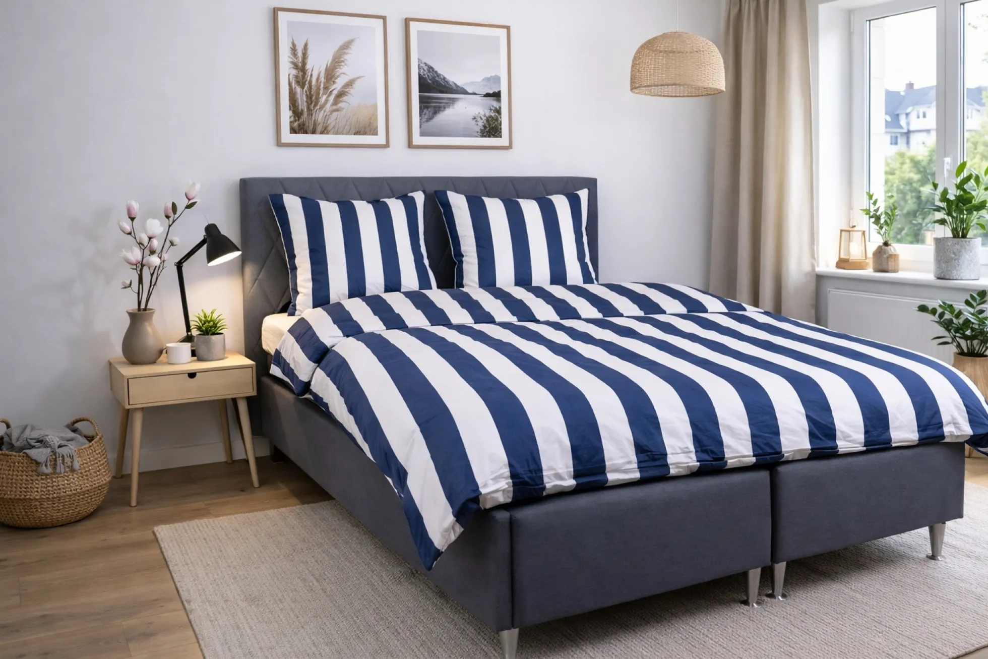 Sengetøj 140x200 cm - 100% bomuldssatin - Nordic Stripe - Brede blå striber