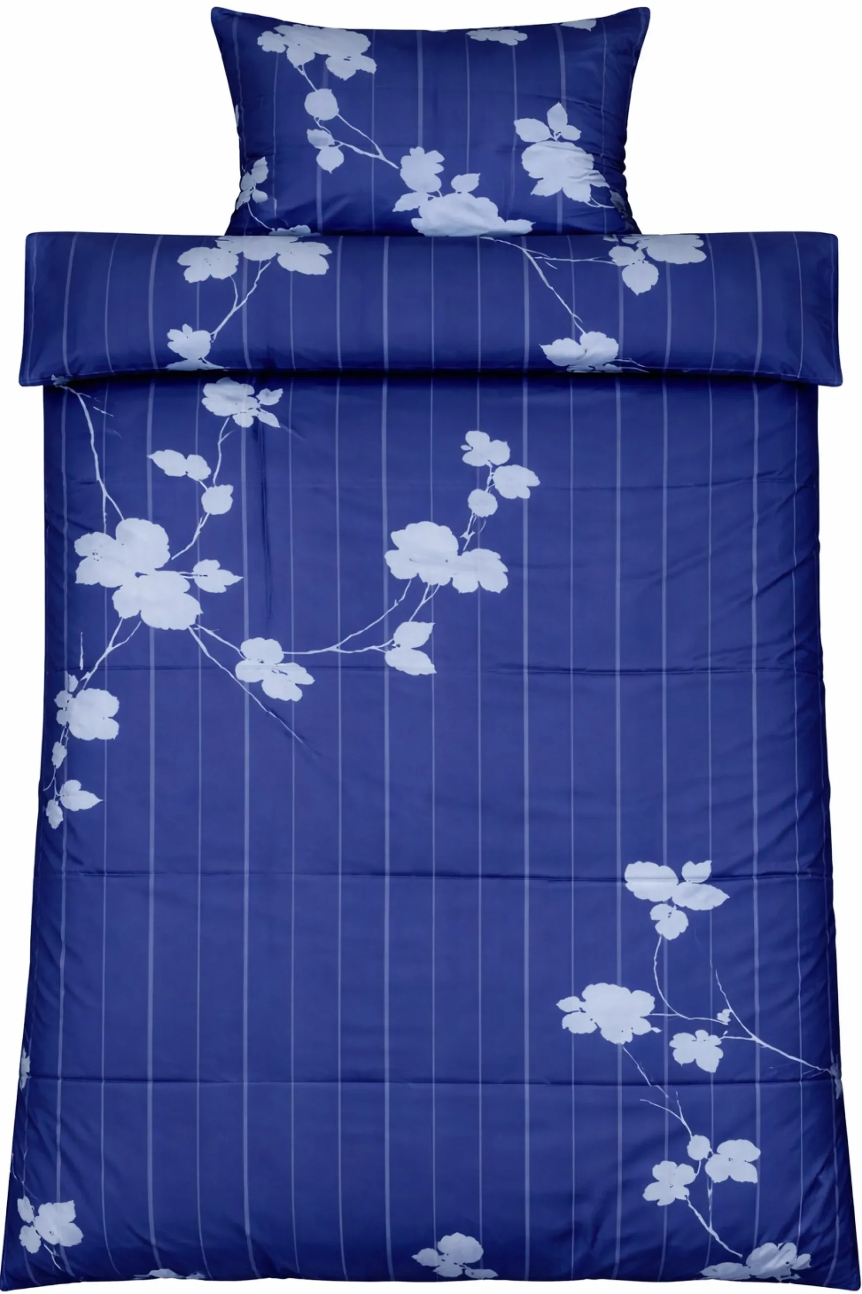 Sengetøj 140x220 cm - 100% bomuldssatin - Rosenbloom - Blåt blomstret og stribet print