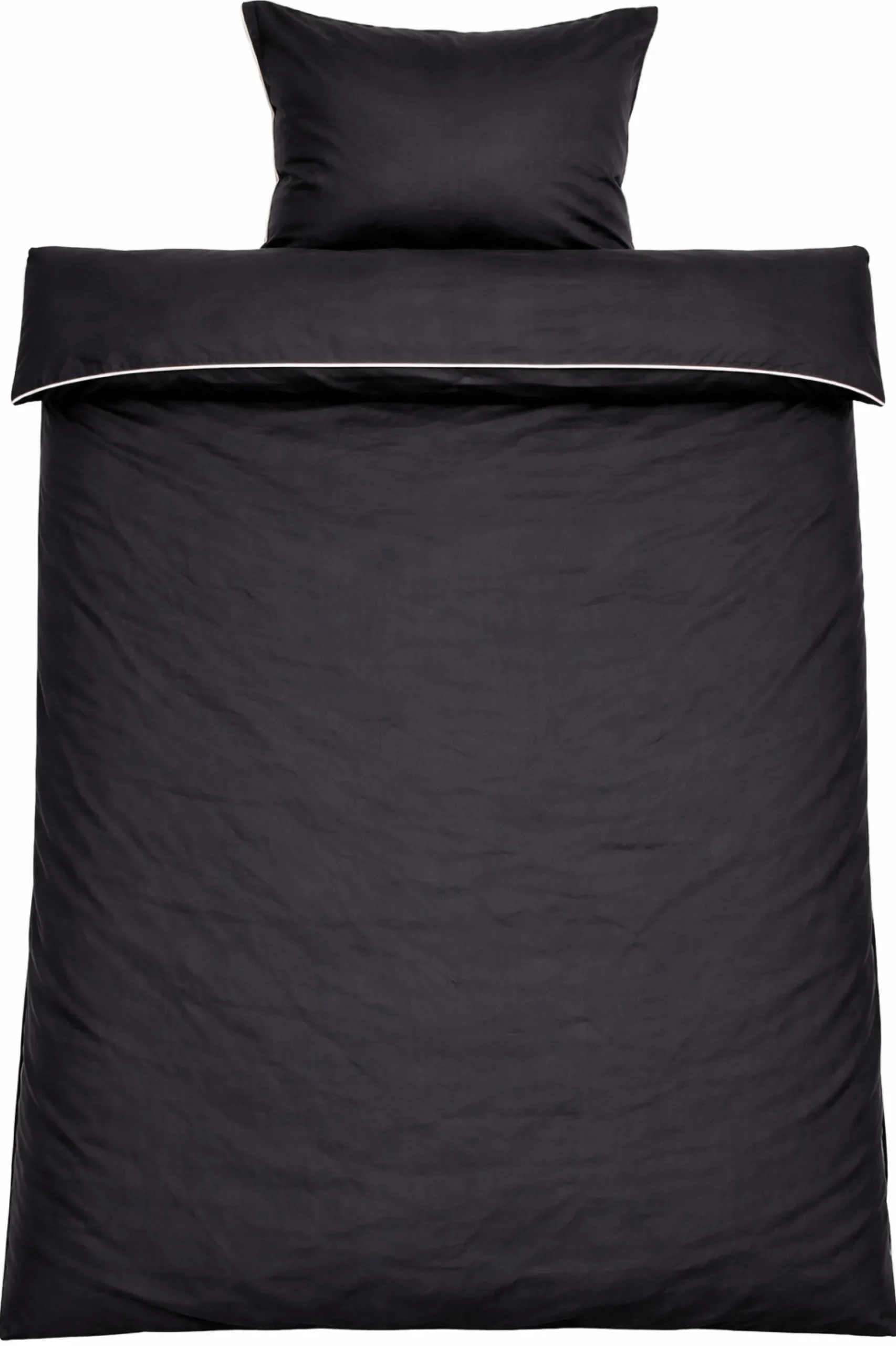 Sengetøj 140x200 cm - 100% bomuldssatin - Sort med hvid pipingkant