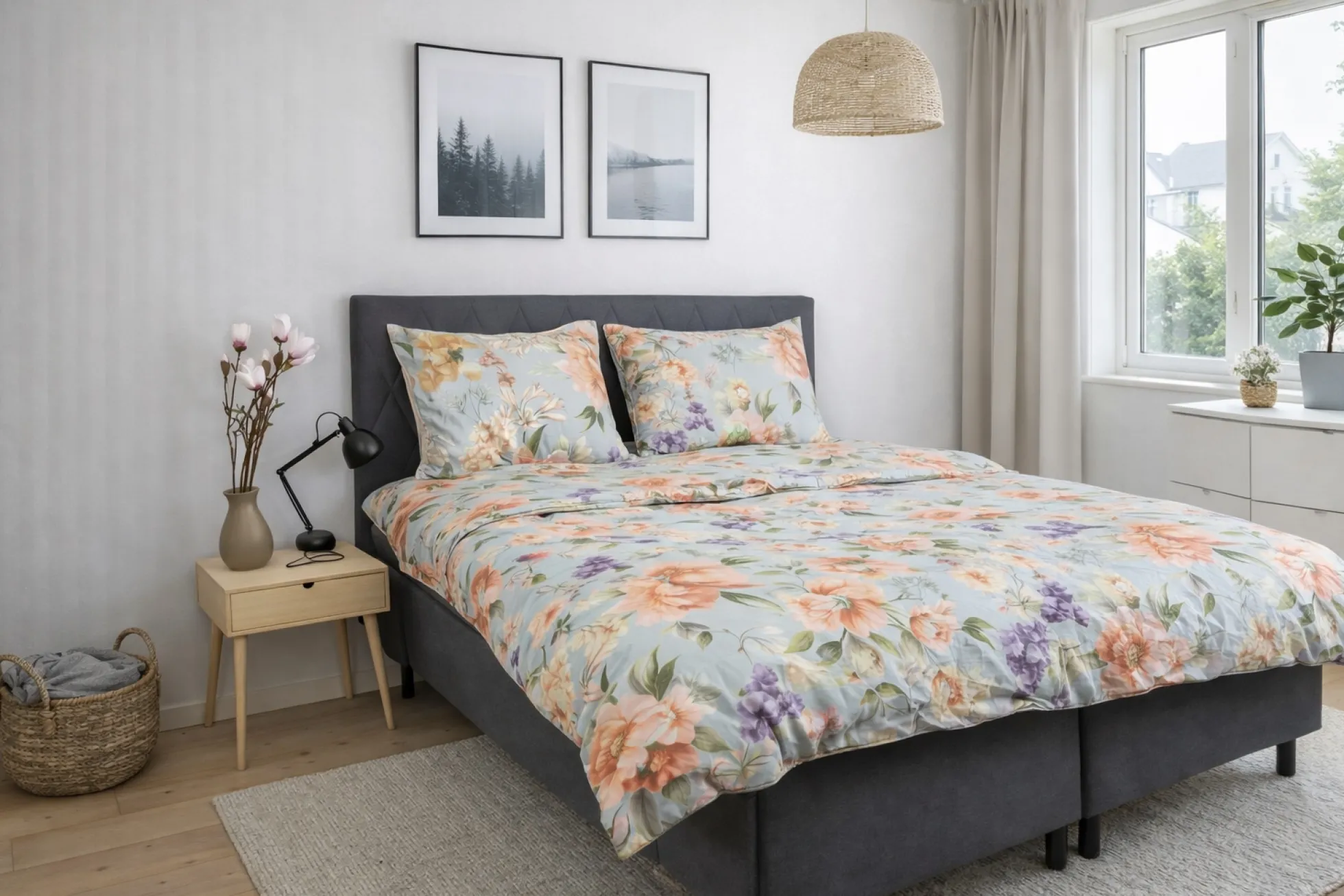 Sengetøj 140x200 cm - bomuldssatin - Summer Bloom - Lyseblåt blomster print