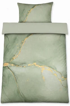 Sengetøj 140x200 cm - 100% Bomuldssatin - Vendbart støvet grønt marmoreret design