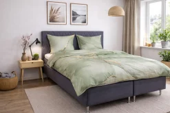 Sengetøj 140x200 cm - 100% Bomuldssatin - Vendbart støvet grønt marmoreret design