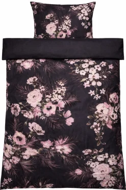 Sengetøj 140x200 cm - 100% bomuldssatin - Vendbart gråt blomster print og prikker