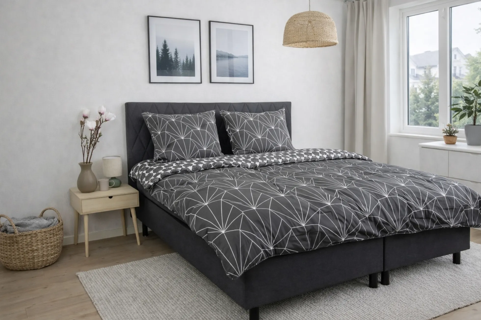 Sengetøj 140x200 cm - Bomuldssatin - Vendbart gråt Hexagon print
