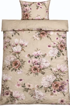 Sengetøj 150x210 cm - Bomuldssatin - Vendbart beige blomster sengetøj