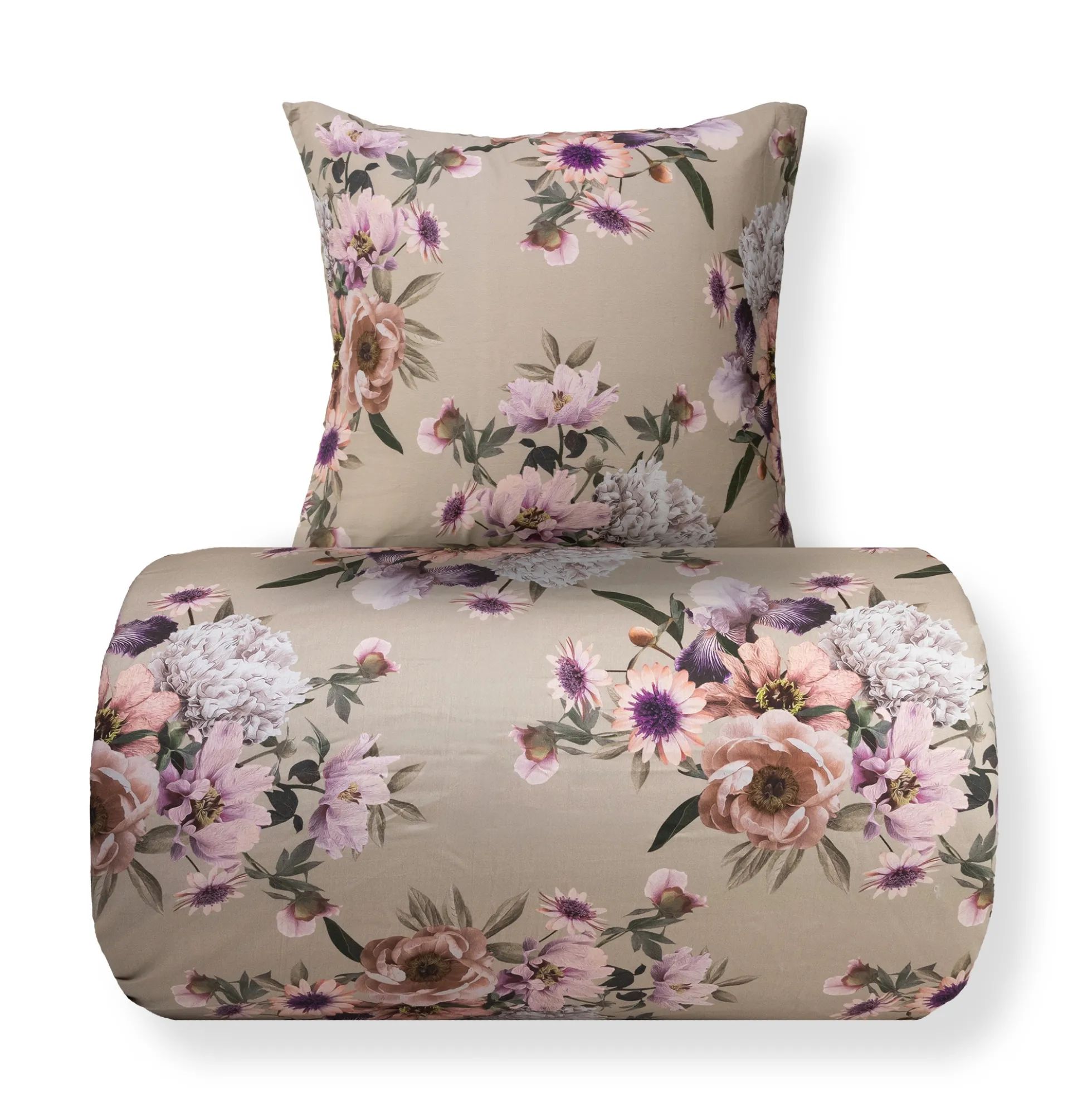 Sengetøj 150x210 cm - Bomuldssatin - Vendbart beige blomster sengetøj