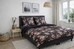 Sengetøj 140x220 cm - 100% bomuldssatin - Vendbart gråt blomster print og prikker