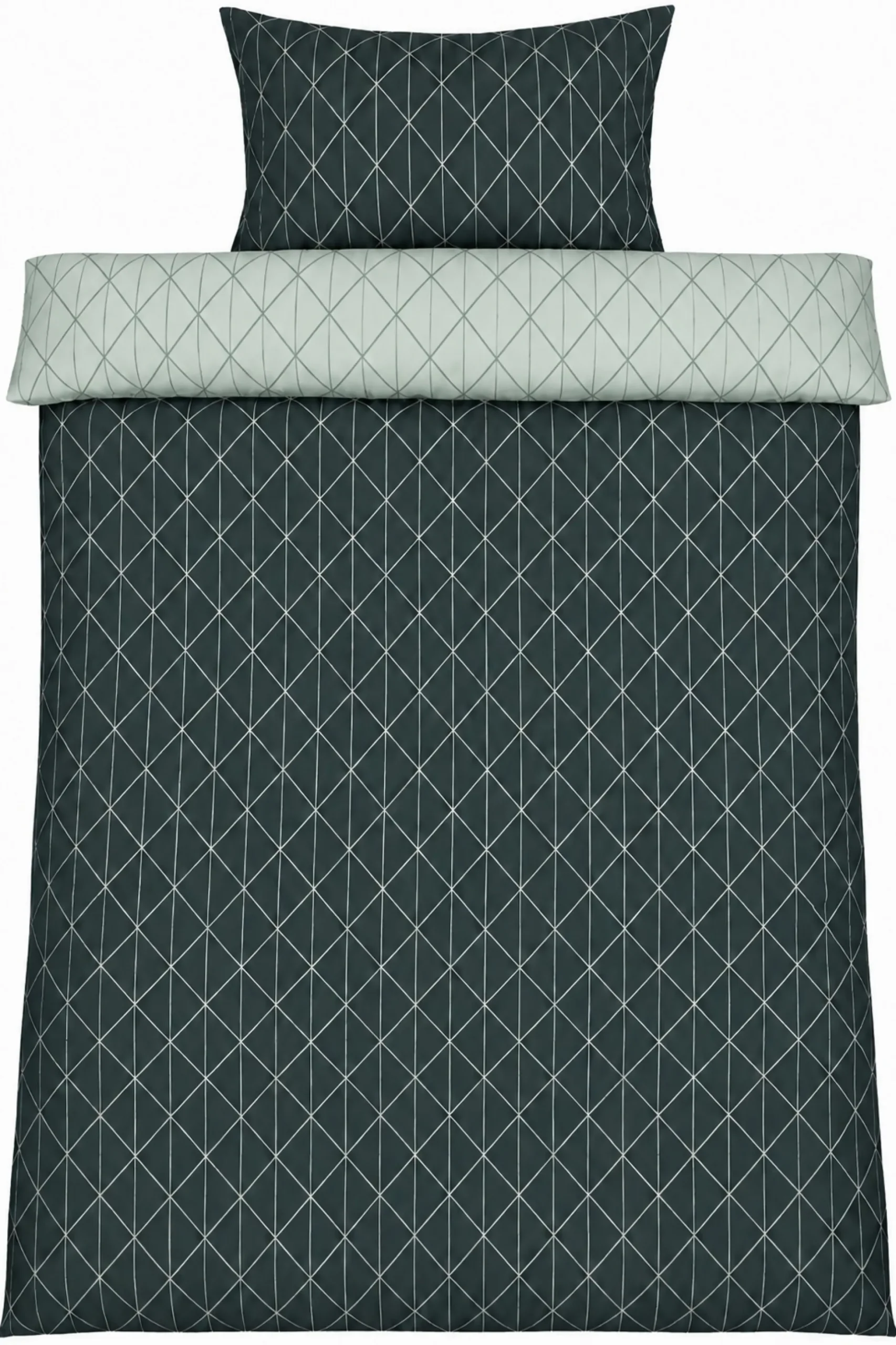 Sengetøj 140x200 cm - 100% Bomuld - Vendbart med grønt harlequin design