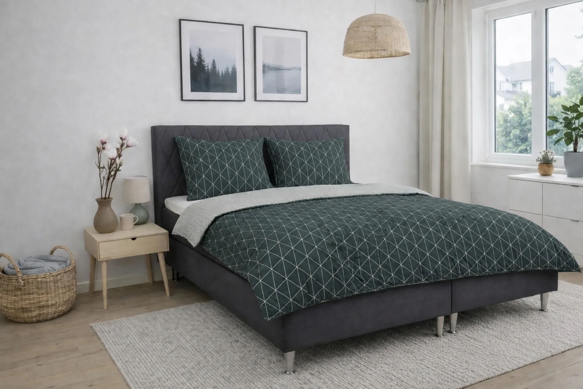 Sengetøj 140x200 cm - 100% Bomuld - Vendbart med grønt harlequin design