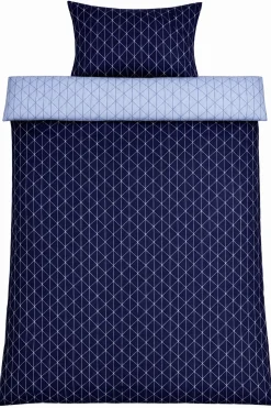 Sengetøj 140x200 cm - 100% Bomuld - Vendbart med blåt harlequin design