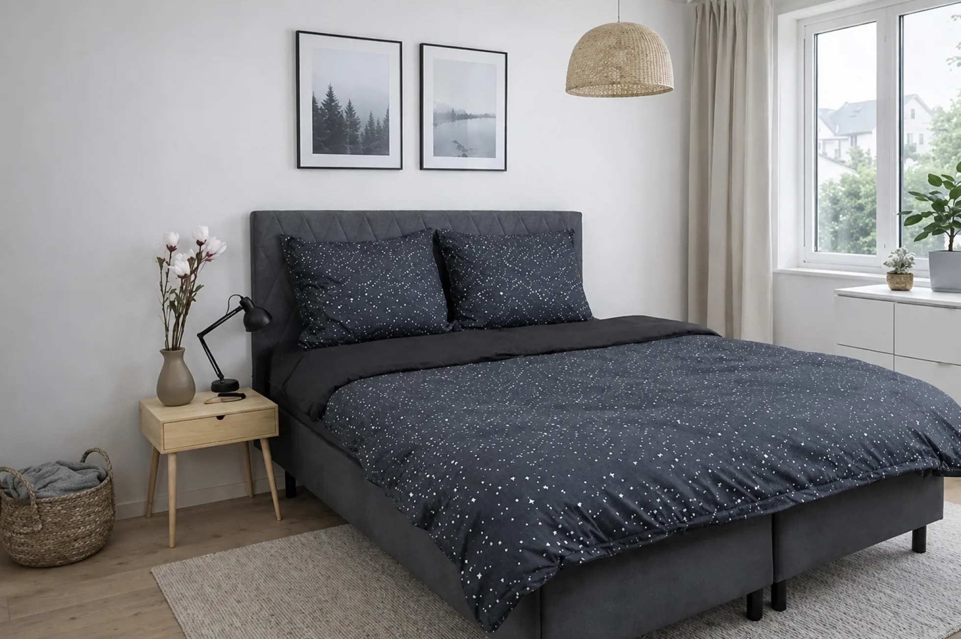 Sengetøj 150x210 cm - 100% Bomuld - Zodiac black - Vendbart med stjerner