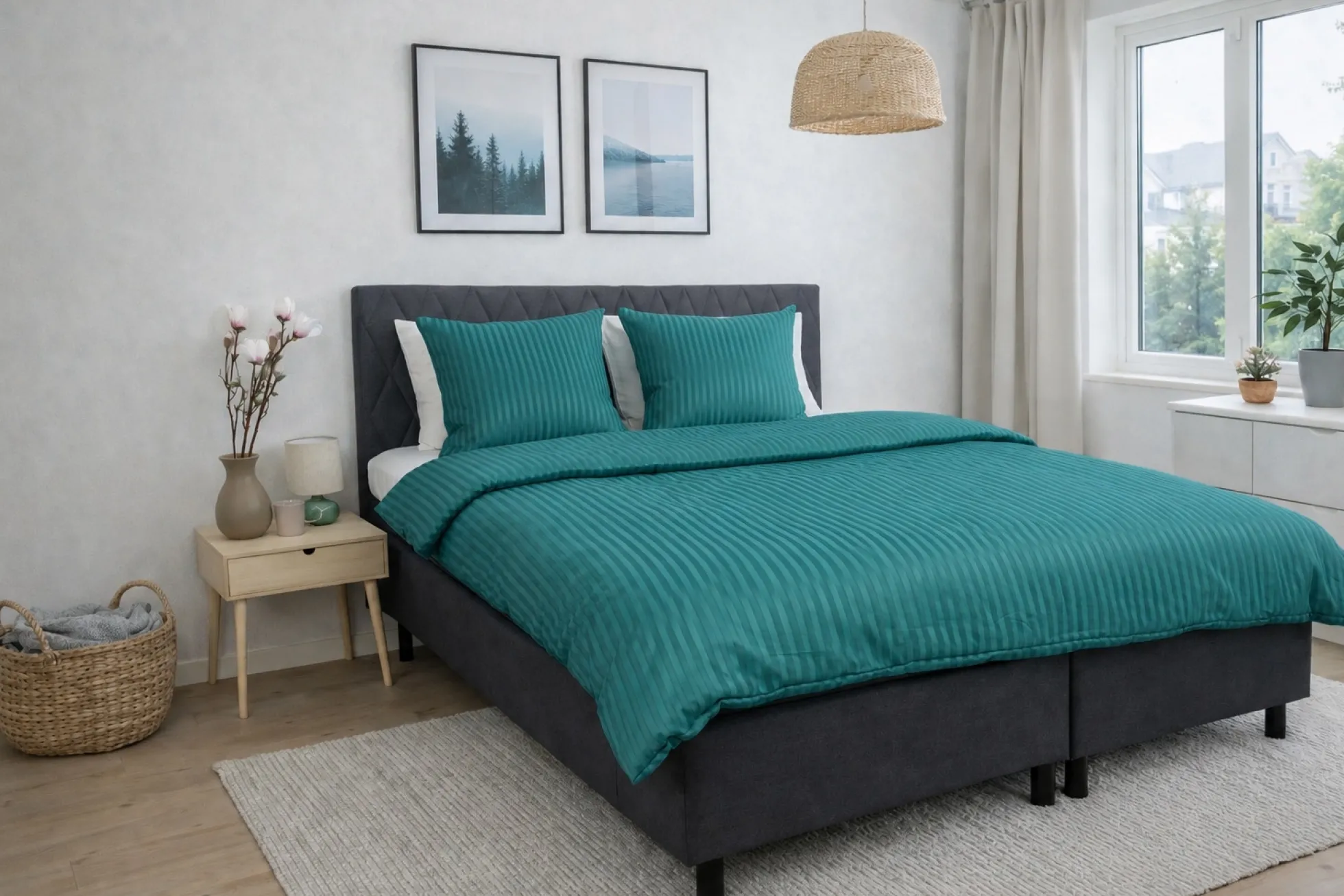 Sengetøj 150x210 cm - Microfiber - Ensfarvet med petrol farvet striber