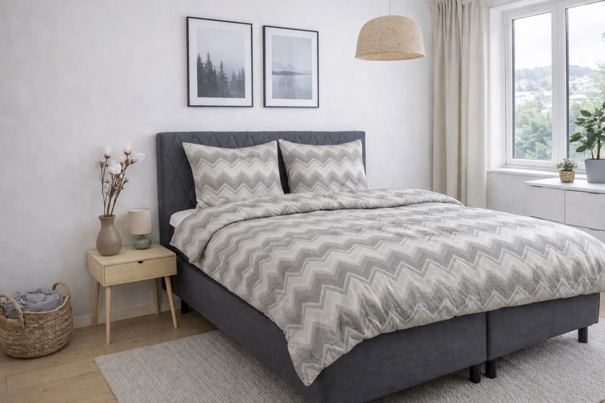 Sengetøj 140x220 cm - Microfiber - Gråt zig zag mønster