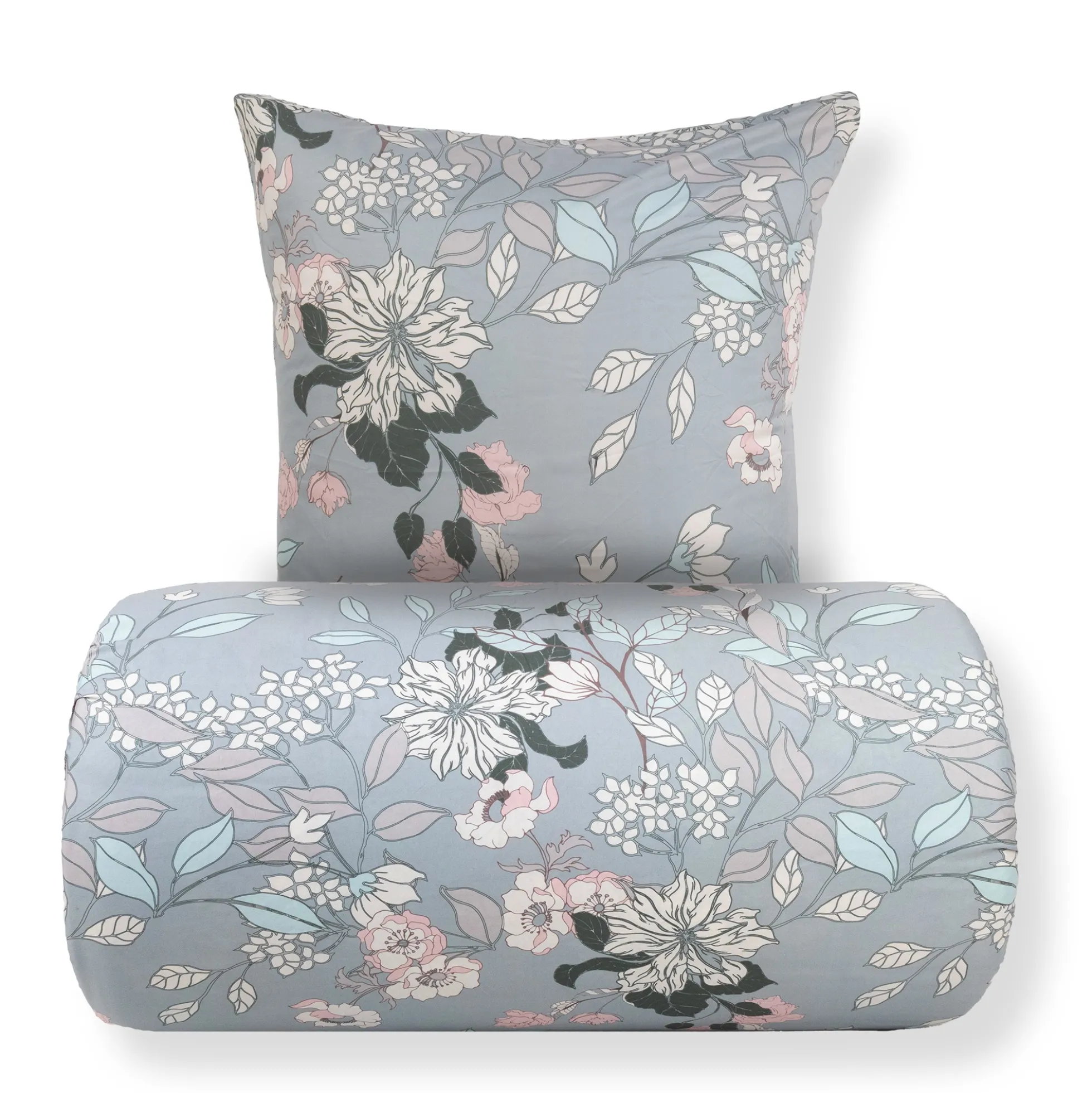 Sengetøj 140x220 cm - Microfiber - Støvet grønt blomstret print