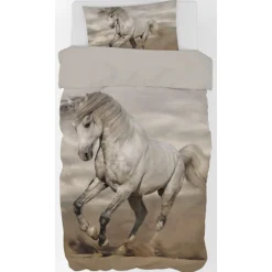 Sengetøj 150x210 cm - Stor hvid hest - 2 i 1 design - 100% bomuld