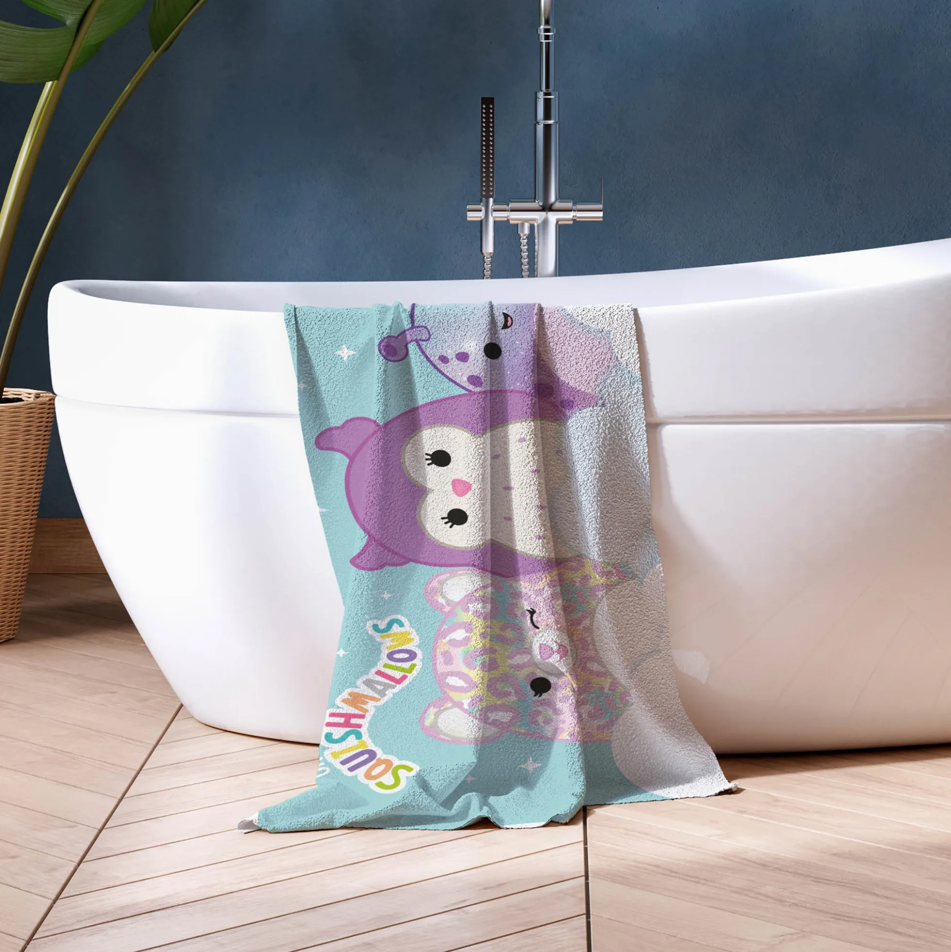 Squishmallows håndklæde - 70x140 cm - 100% bomuld - Blødt badehåndklæde med de populære bamser