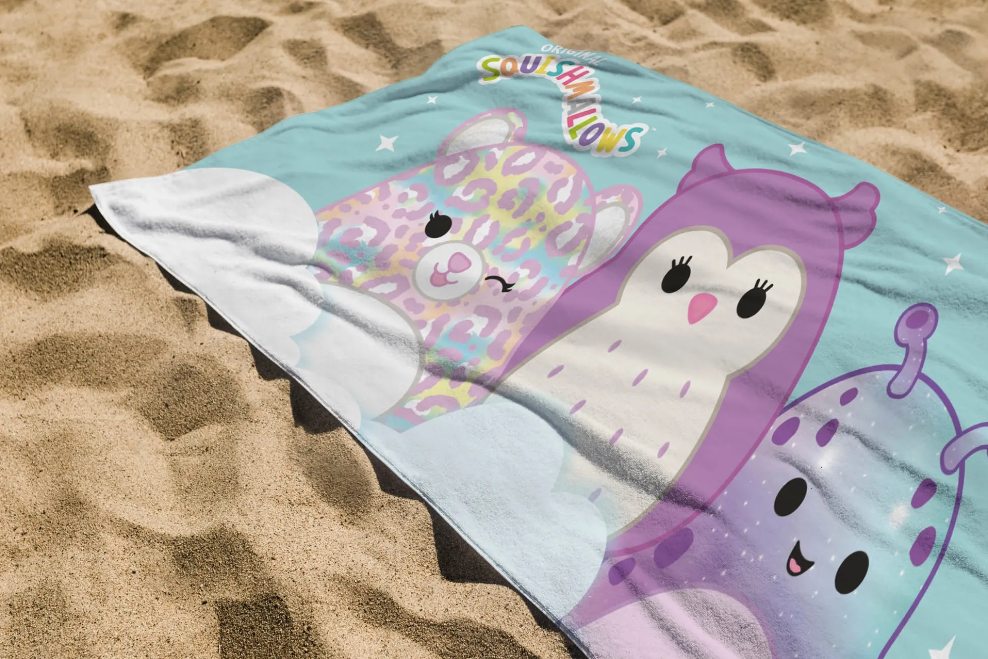 Squishmallows håndklæde - 70x140 cm - 100% bomuld - Blødt badehåndklæde med de populære bamser