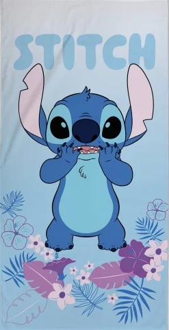 Stitch håndklæde - 70x140 cm - 100% bomuld - Blødt badehåndklæde med Stitch og blomster
