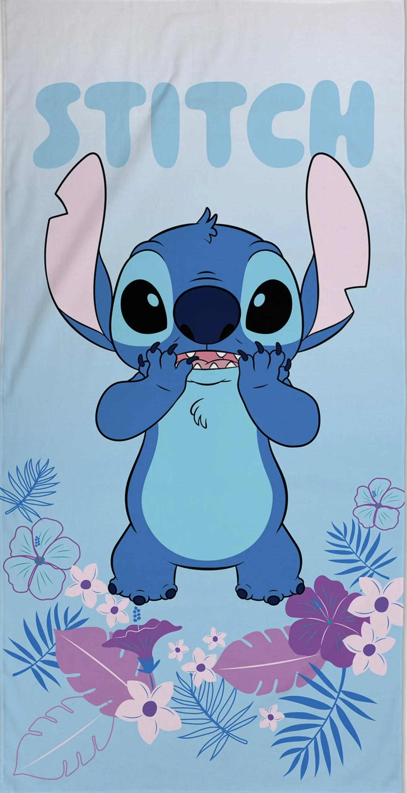 Stitch håndklæde - 70x140 cm - 100% bomuld - Blødt badehåndklæde med Stitch og blomster