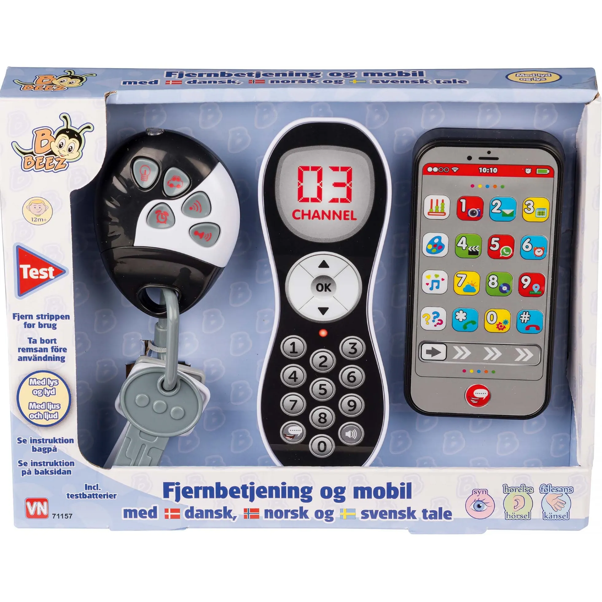 Sæt med talende fjernbetjening og mobiltelefon samt bilnøgler med lys/lyde